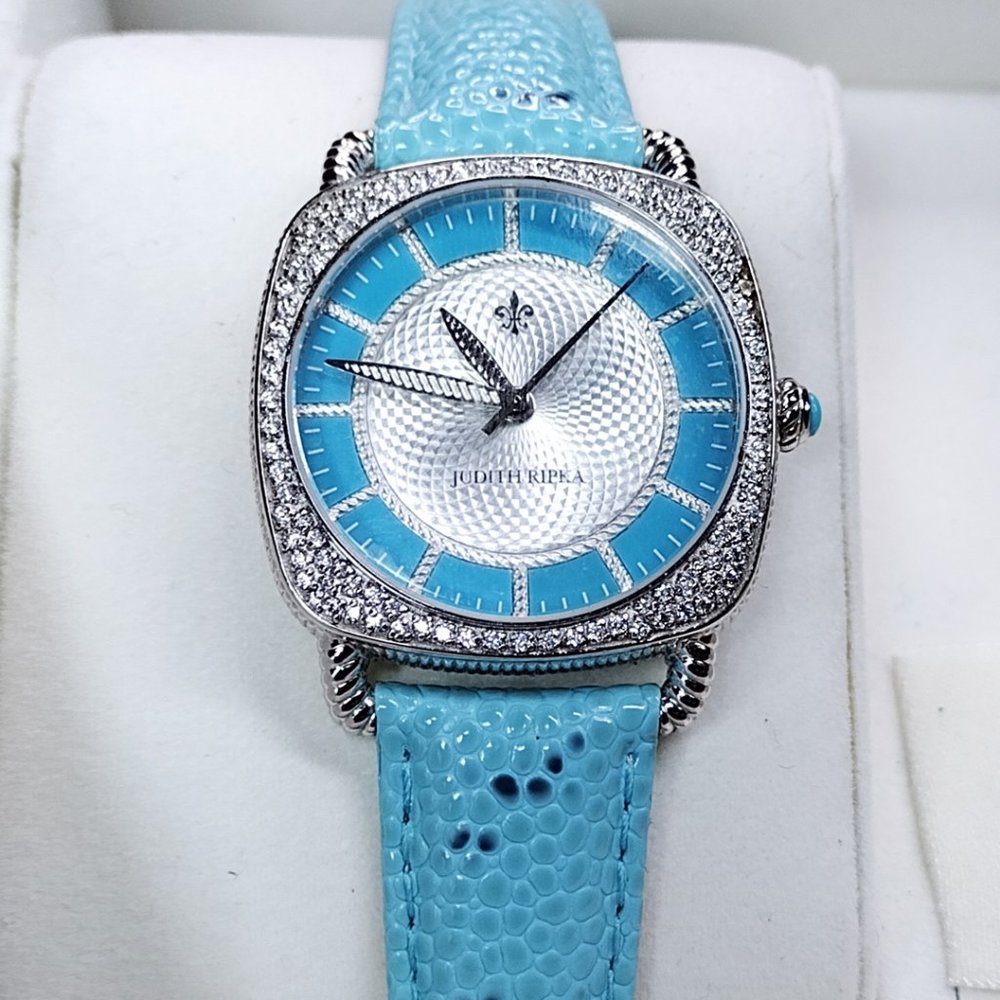 Judith Ripka ladies blue and silver tone stainless steel dress watch NEW BATTERY